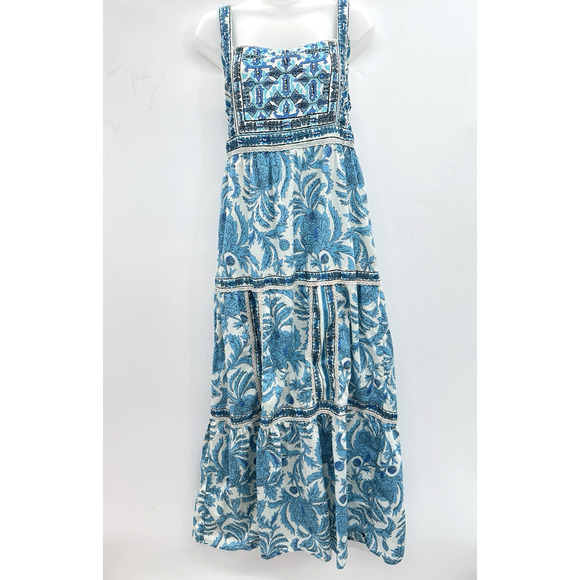 Joie Dresses & Skirts - Joie Boho Tiered Tie Back Maxi Dress Sz 6 Blue Beaded Festival Coquette Peasant